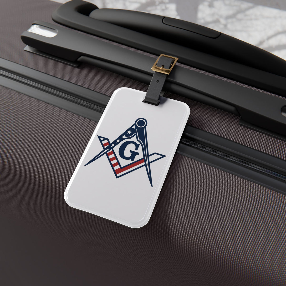 Master Mason Blue Lodge Luggage Tag - USA Flag S&C G With Black Leather Strap - Bricks Masons