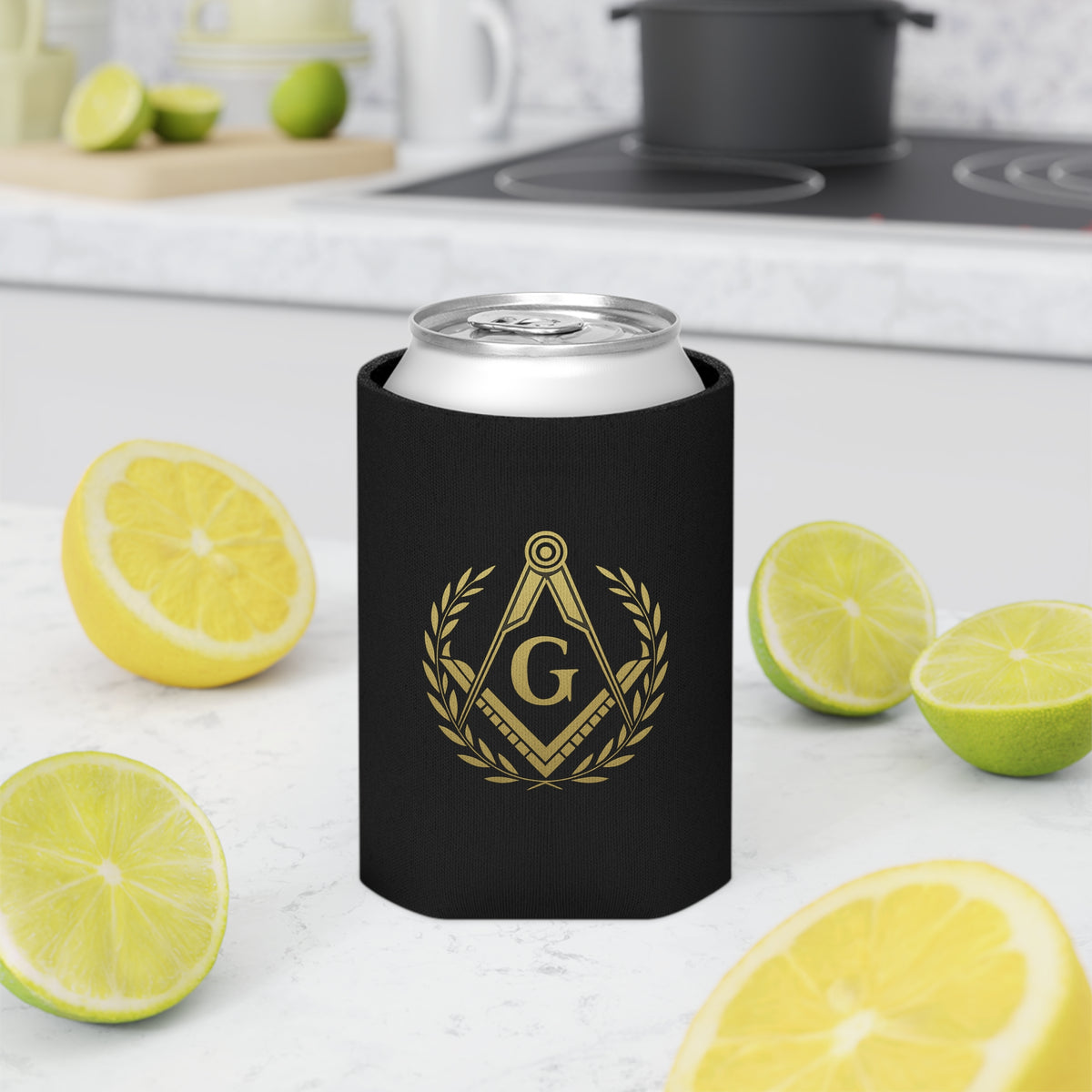 Master Mason Blue Lodge Can Cooler - Gold Square & Compass G With Wreath - Bricks Masons
