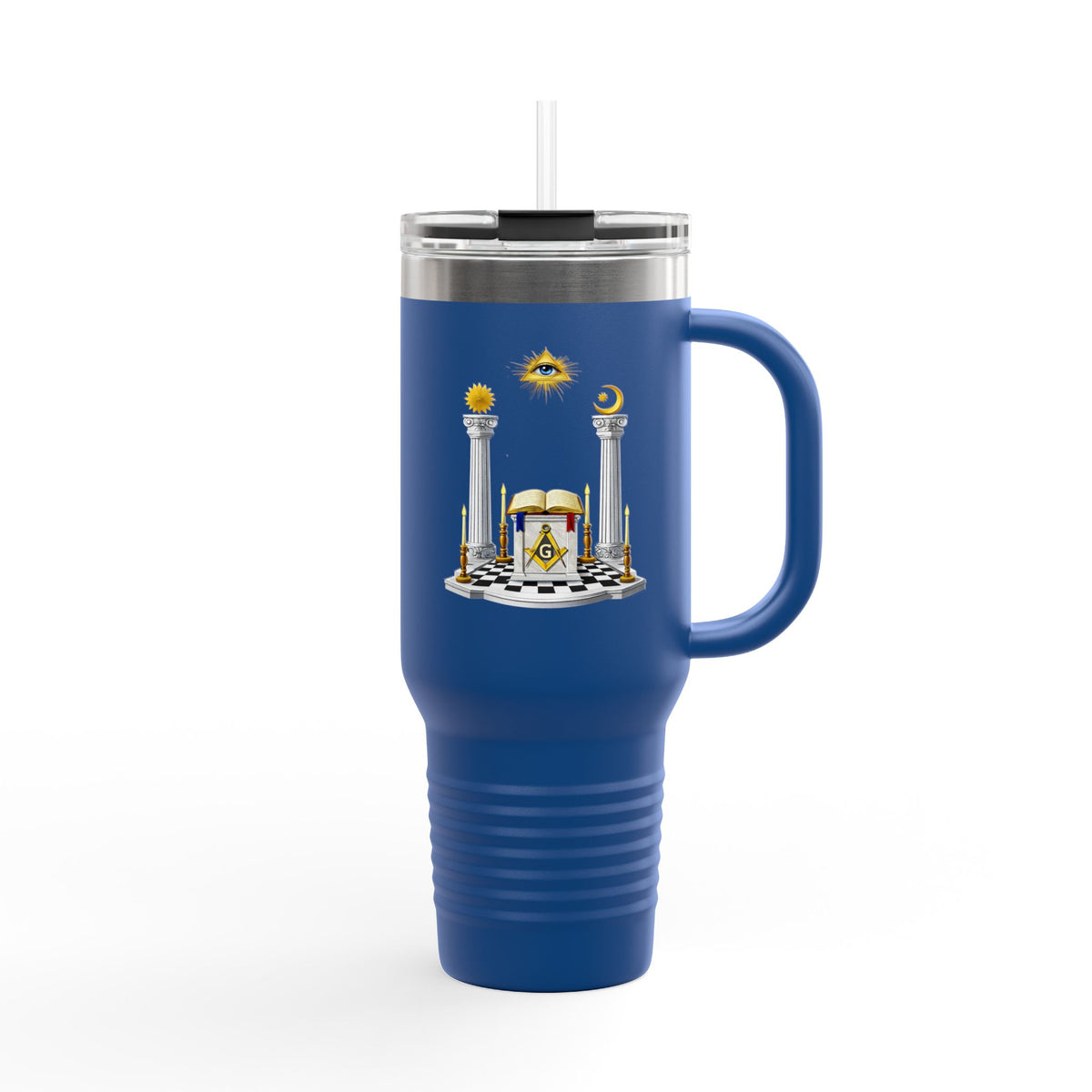 Master Mason Blue Lodge Ringneck Tumbler - S&C G Altar Säulen & Auge auf kariertem Boden