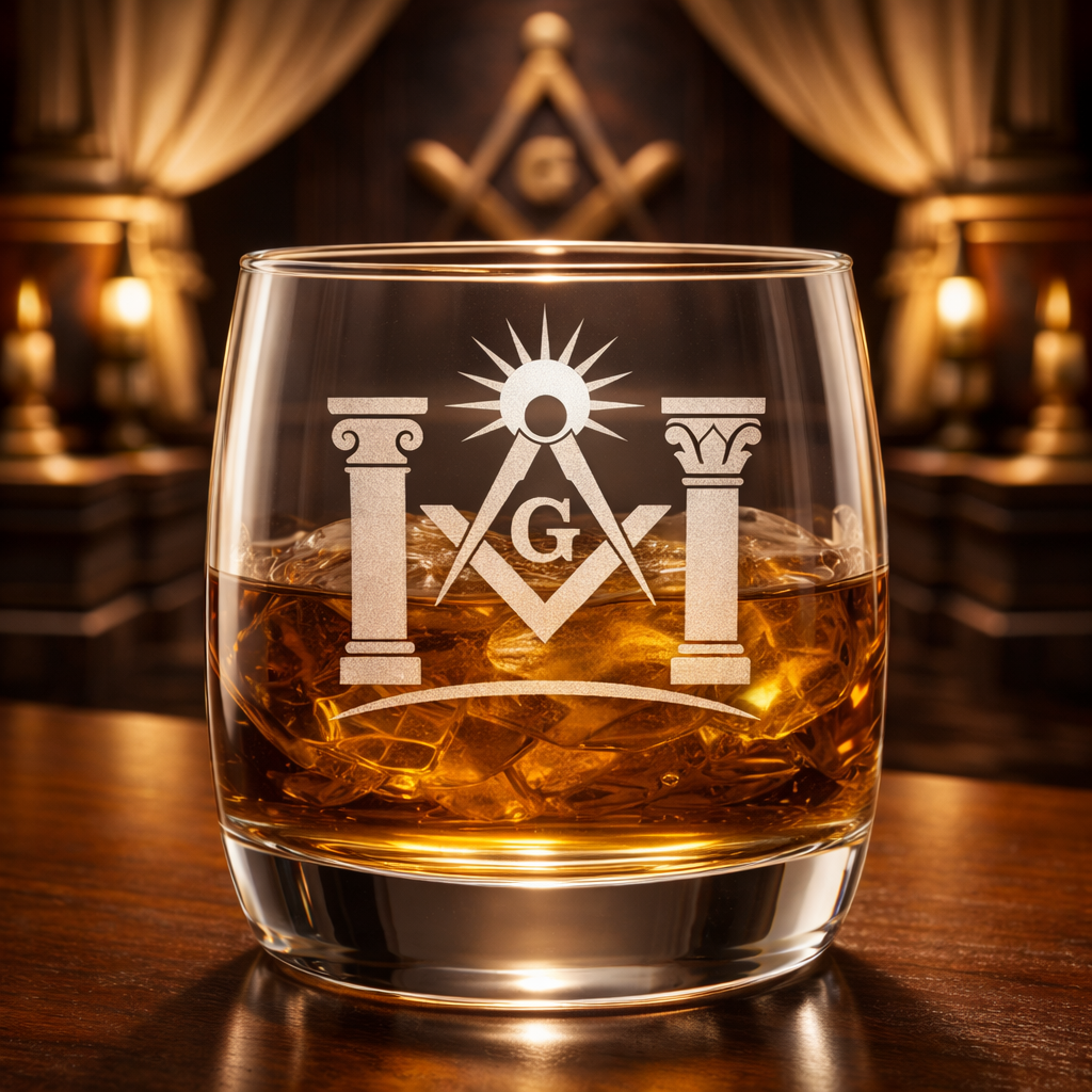 Master Mason Blue Lodge Whiskyglas – S&C G mit Säulen und strahlendem Licht