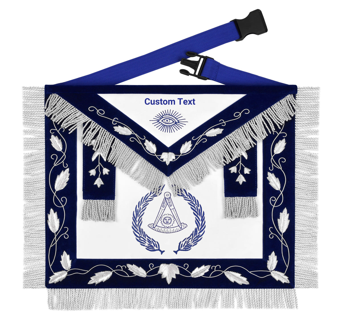 Past Master Blue Lodge Apron - Blue Velvet Silver Bullion With Wreath & Fringe - Bricks Masons