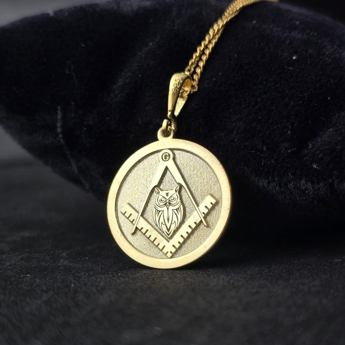 Master Mason Blue Lodge Necklace - Gold Owl With Square & Compass - Bricks Masons