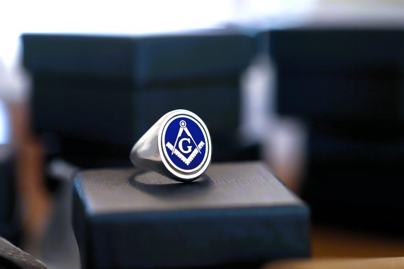 Master Mason Blue Lodge Ring - Solid Gold & Blue Enamel - Bricks Masons