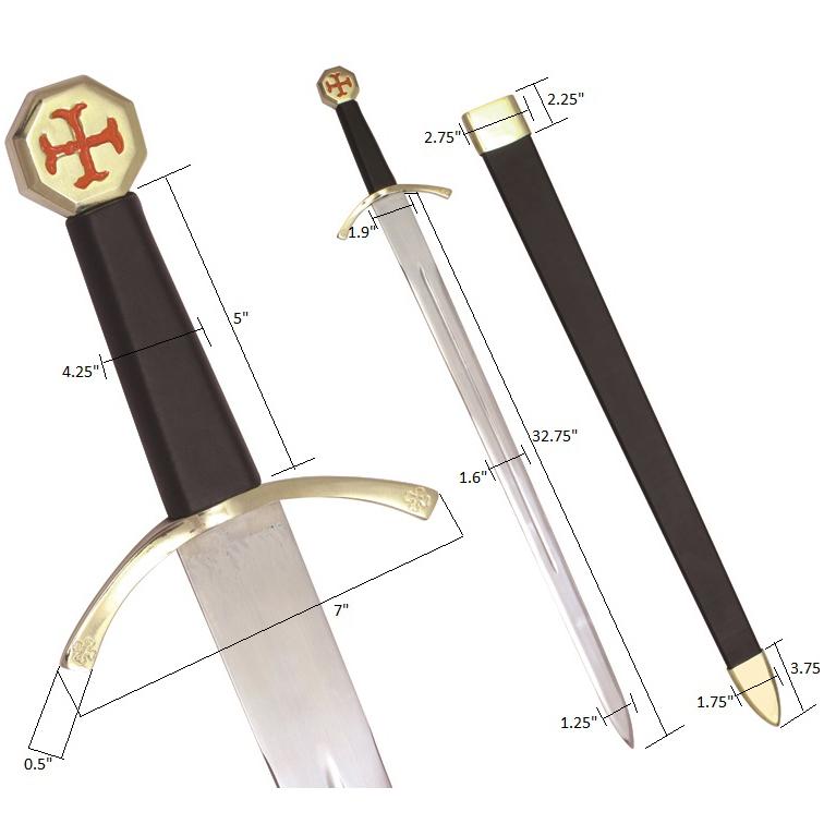 Knights Templar Sword - with Black Gold Hilt and Black Scabbard & Red Cross - Bricks Masons