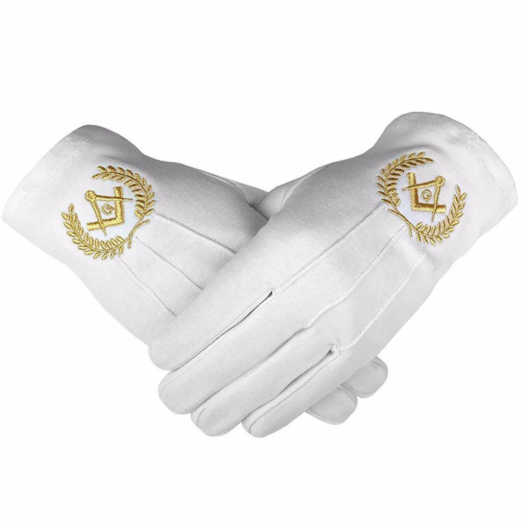 Master Mason Blue Lodge Gloves - White Cotton with Gold Square & Compass G - Bricks Masons