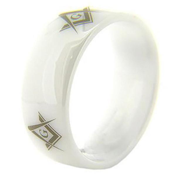 Master Mason Blue Lodge Ring - White Dome Ceramic - Bricks Masons