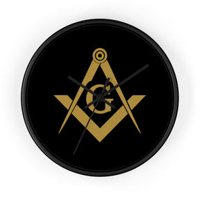 Master Mason Blue Lodge Clock - Shiny Golden S&C G on Black Dial - Bricks Masons