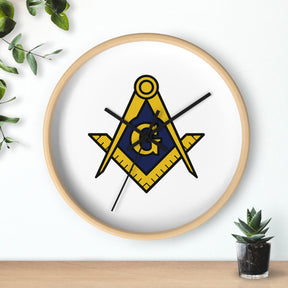 Master Mason Blue Lodge Clock - Wood Frame with Golden Square & Compass G - Bricks Masons