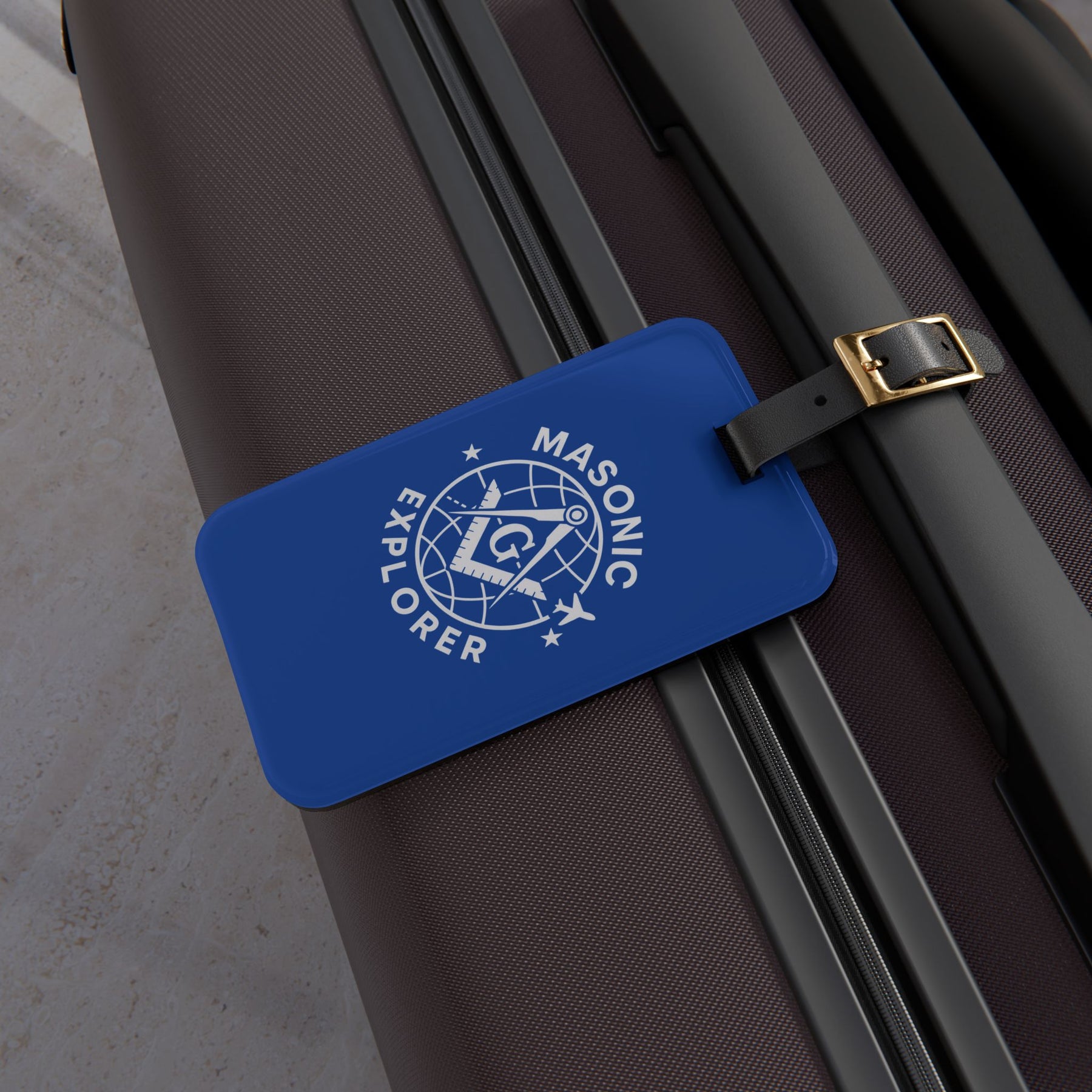 Master Mason Blue Lodge Luggage Tag -  Blue Masonic Explorer With Leather Strap - Bricks Masons
