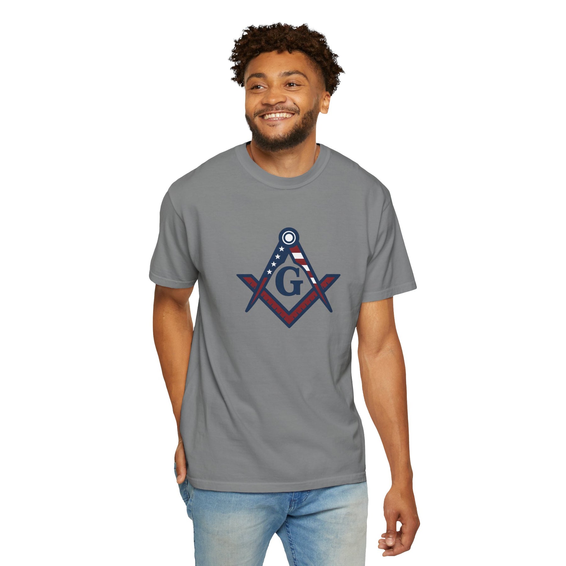 Master Mason Blue Lodge T-Shirt - Garment-Dyed USA Flag Mason - Bricks Masons