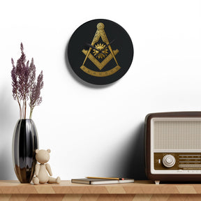 Past Master Blue Lodge Clock - Square Compass Sun & Quadrant Emblem on Clear Acrylic - Bricks Masons
