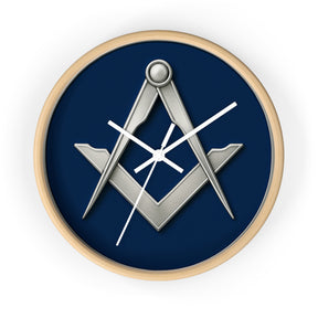 Master Mason Blue Lodge Clock - Minimalist Square & Compass in Wooden Frame - Bricks Masons