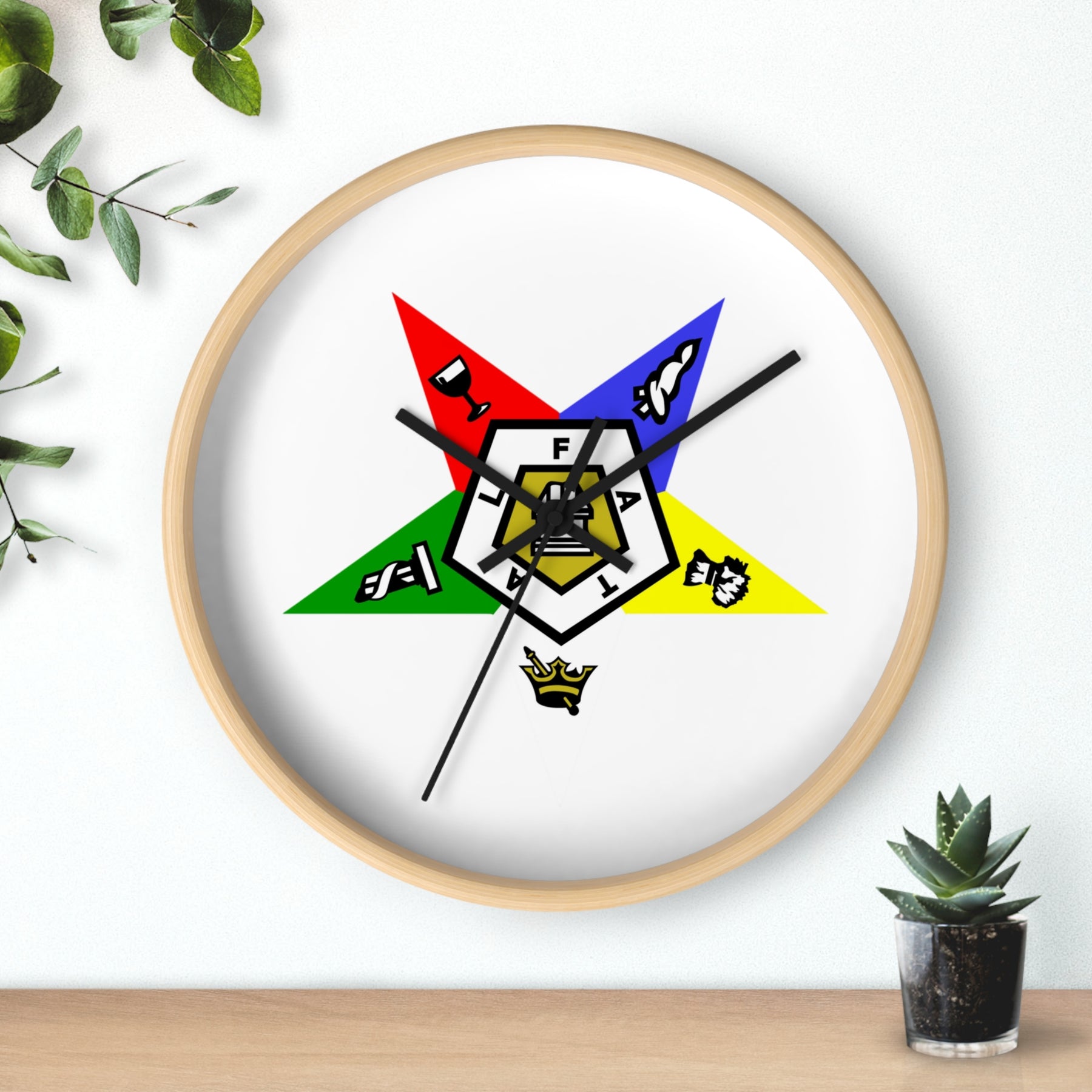 OES Clock - White Dial with Star Emblem in Wooden Frame - Bricks Masons