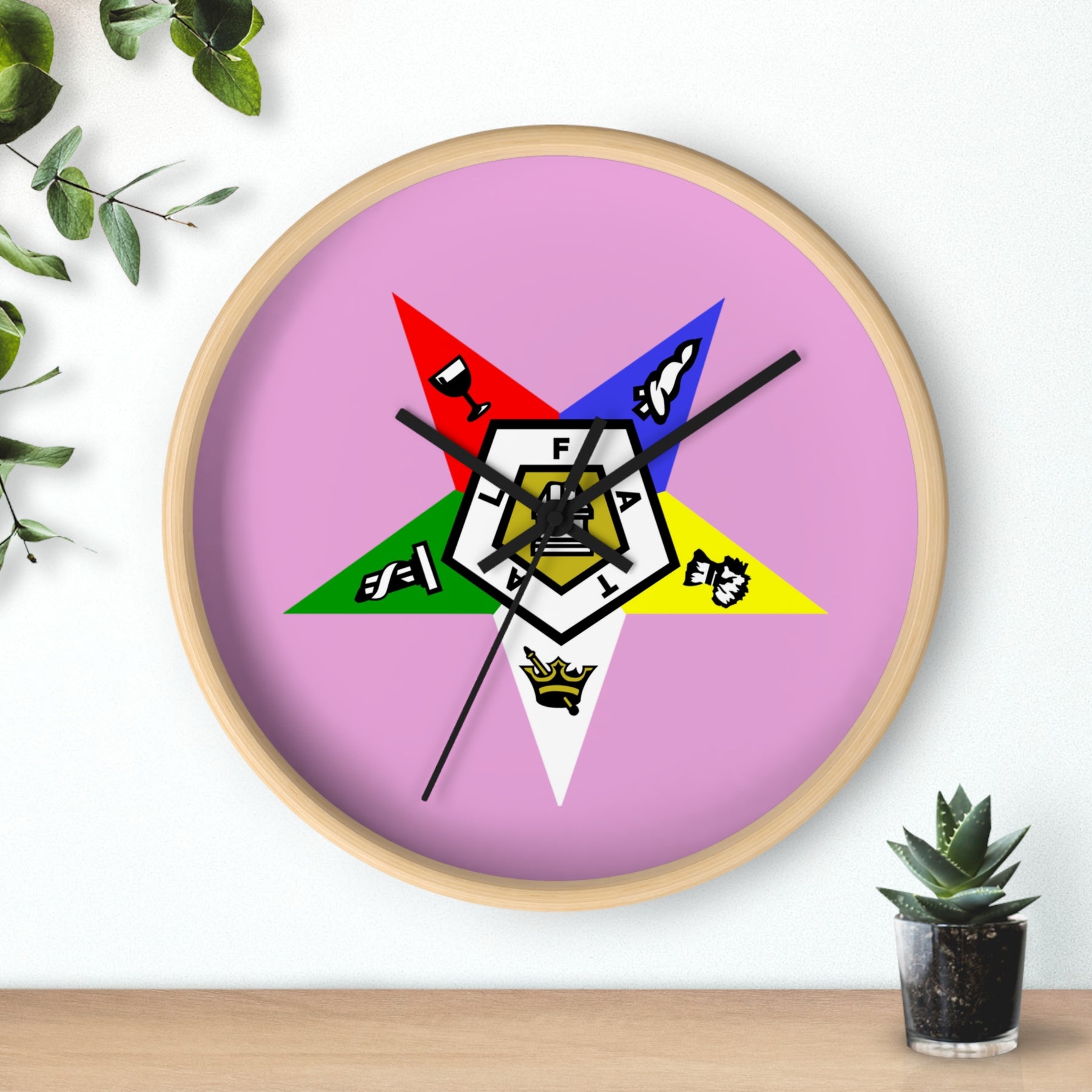 OES Clock - Classic Wood Frame with Star Emblem Design - Bricks Masons