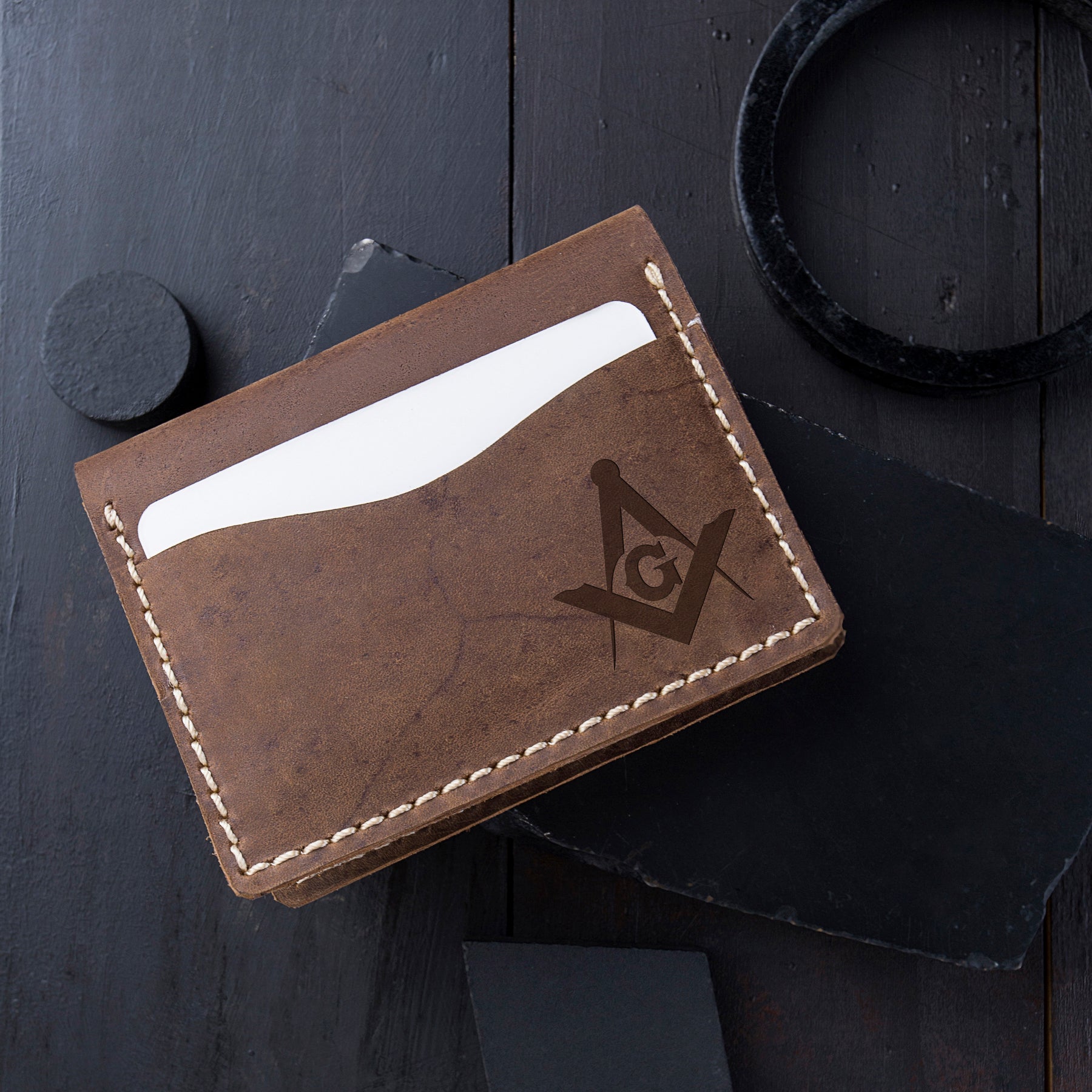 Master Mason Blue Lodge Wallet - Brown Leather - Bricks Masons