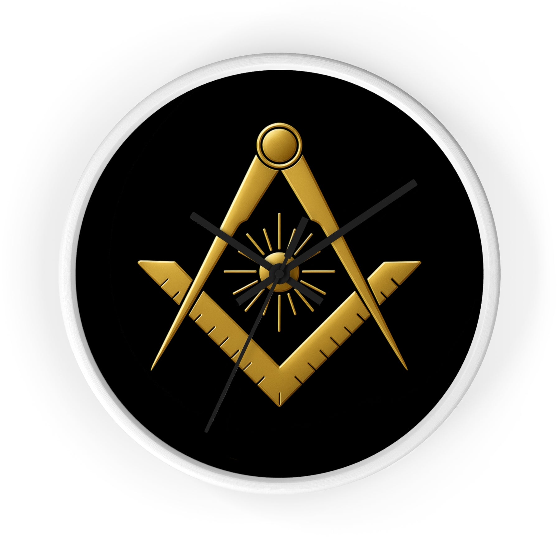 Master Mason Blue Lodge Clock - Golden S&C with Sun in Wooden Frame - Bricks Masons