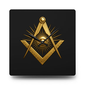 Master Mason Blue Lodge Clock - Square & Compass with All Seeing Eye on Acrylic Dial - Bricks Masons