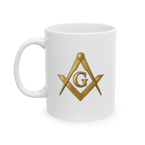 Meister-Freimaurer-Blaue Logen-Tasse - Weiß mit goldenem Winkelmaß und Zirkel G