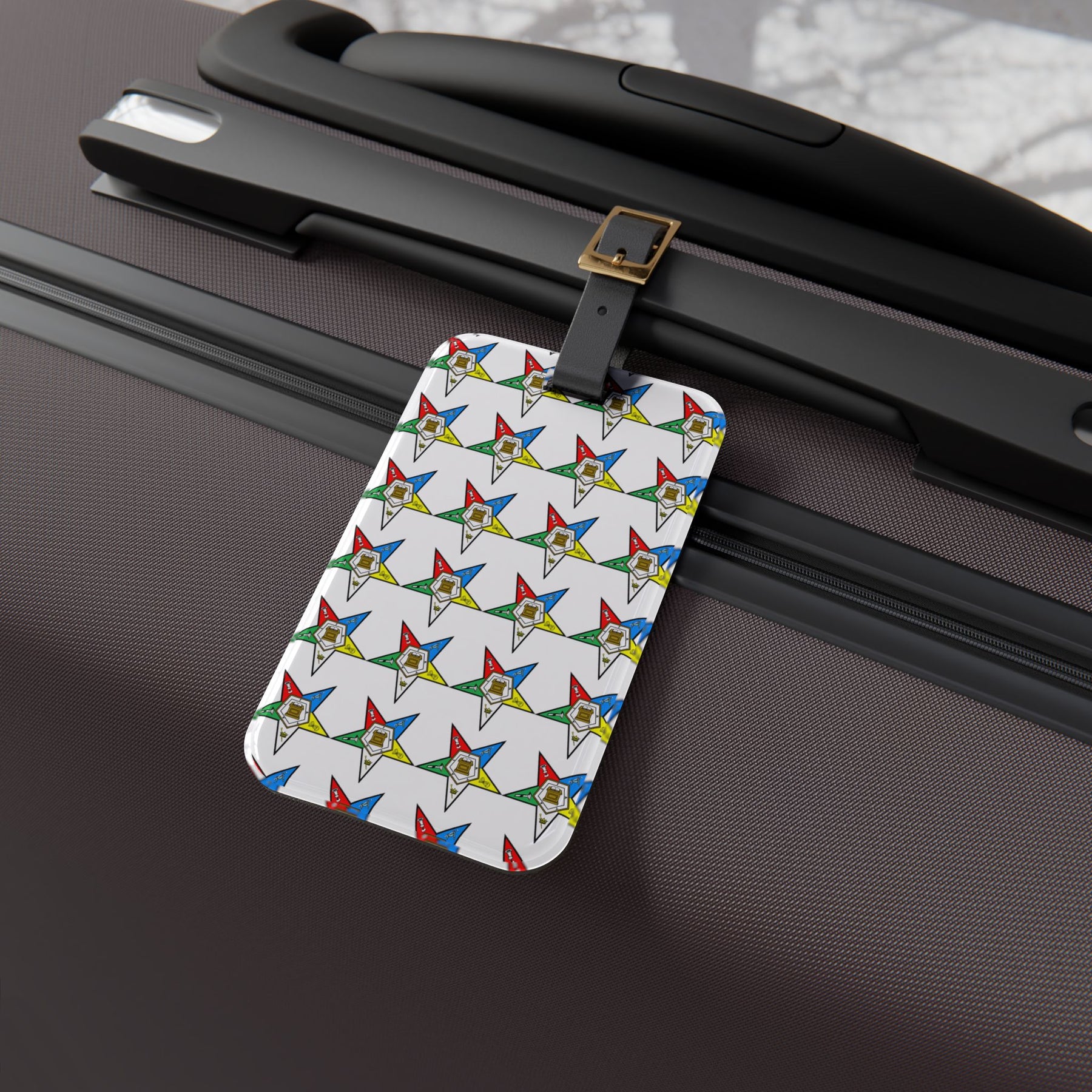 OES Luggage Tag - White With Black Leather Strap - Bricks Masons