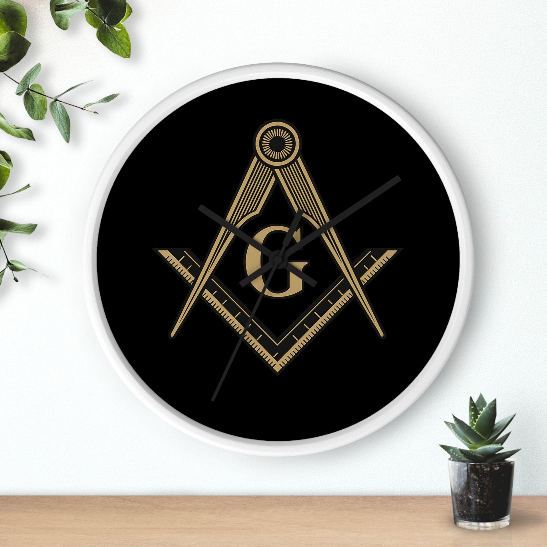 Master Mason Blue Lodge Clock - Golden S&C G on Black Dial - Bricks Masons