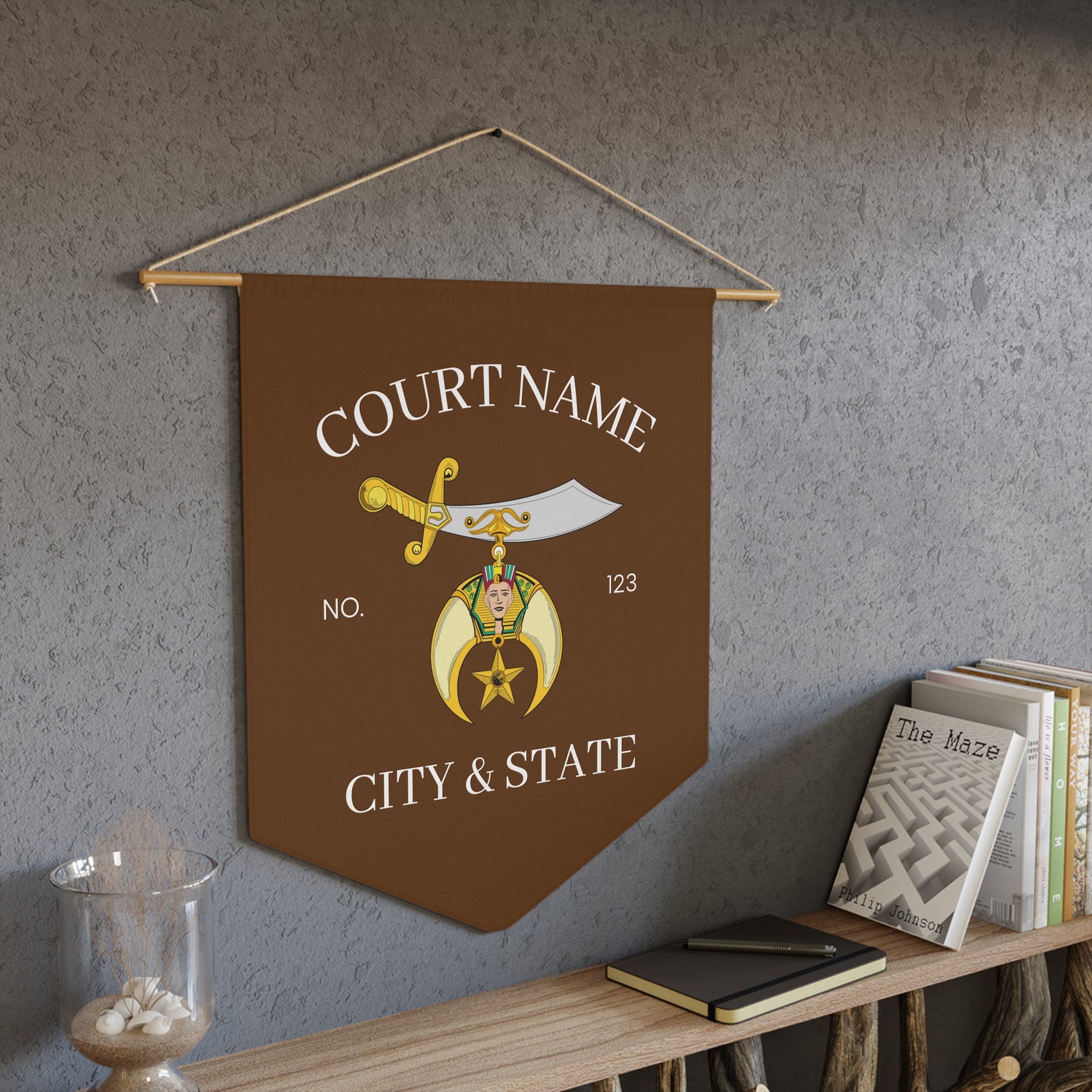 Shriners Pennant - Brown Polyester Twill With Personalization - Bricks Masons