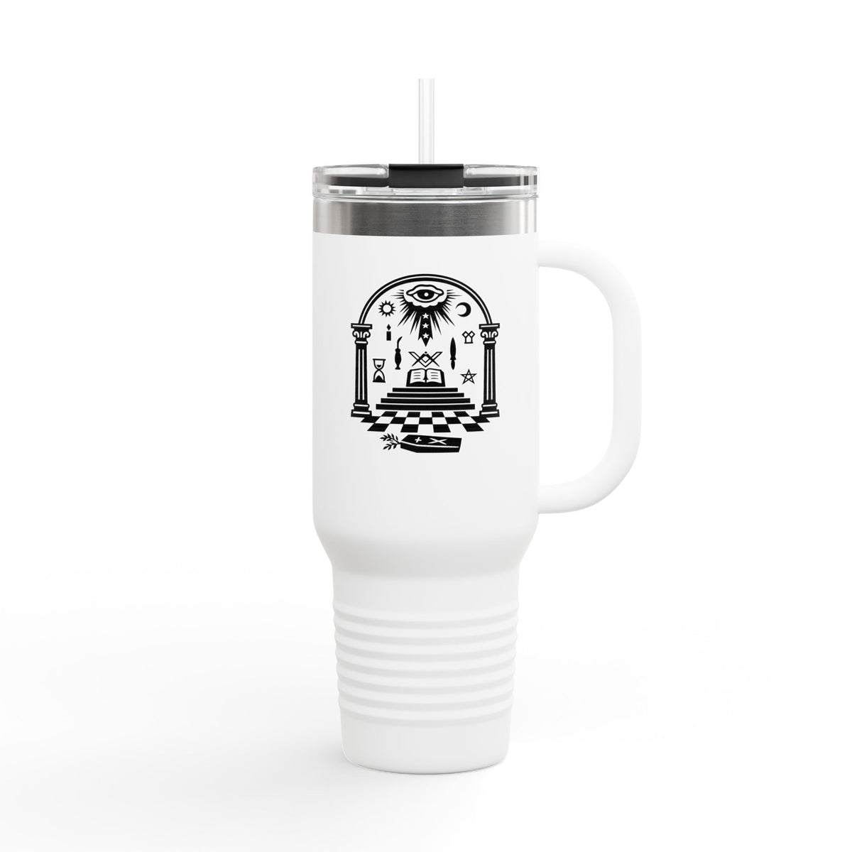 Master Mason Blue Lodge Ringneck Tumbler – Tempelszene mit Winkelmaß und Zirkel