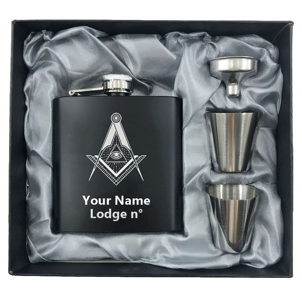 Master Mason Blue Lodge Flask - 2 Shot Glasses & Funnel - Bricks Masons