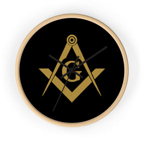 Master Mason Blue Lodge Clock - Shiny Golden S&C G on Black Dial - Bricks Masons