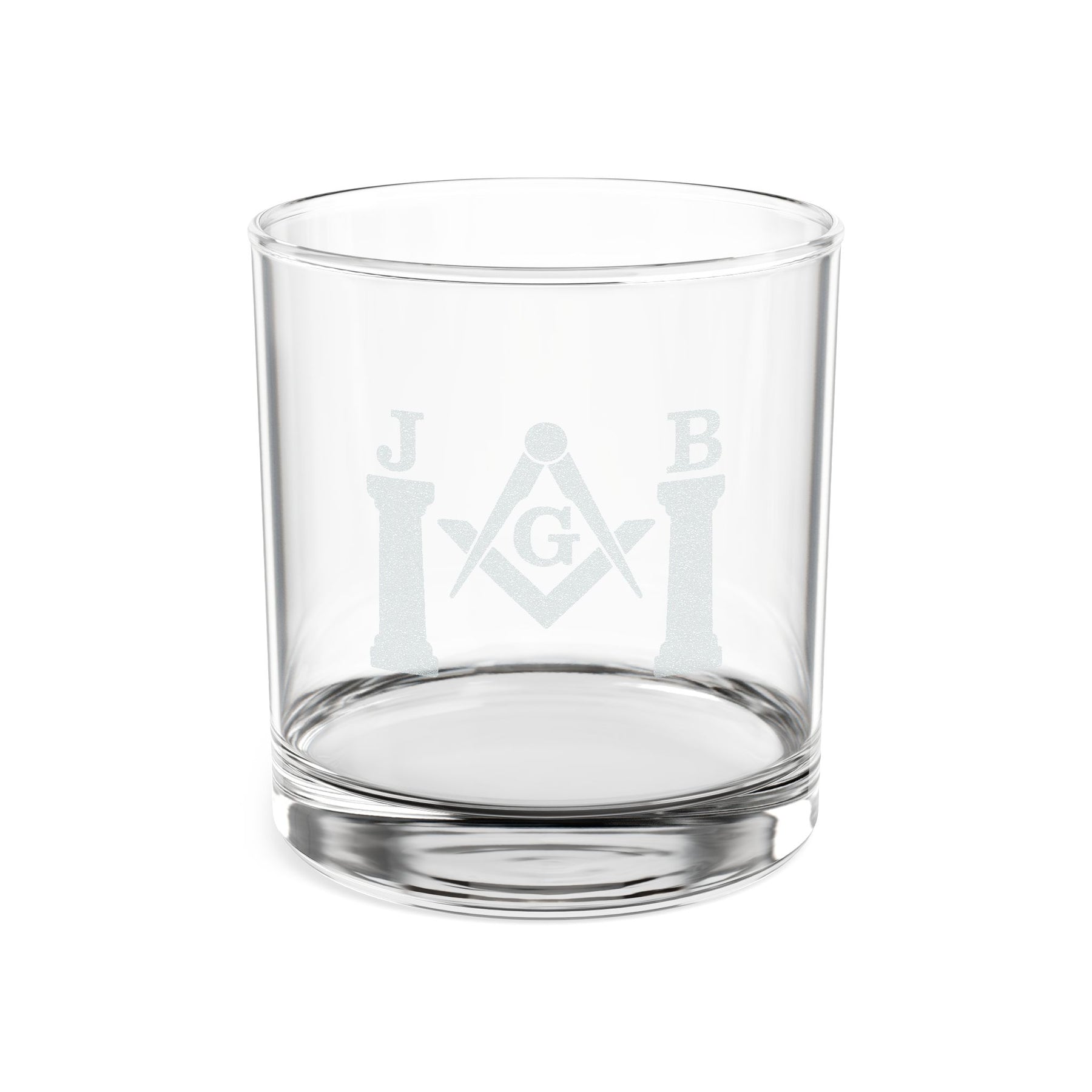 Whiskyglas der Master Mason Blue Lodge – Winkelmaß und Zirkel mit zwei J&amp;B-Säulen