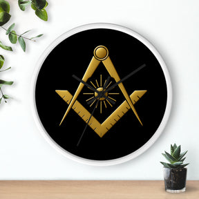 Master Mason Blue Lodge Clock - Golden S&C with Sun in Wooden Frame - Bricks Masons
