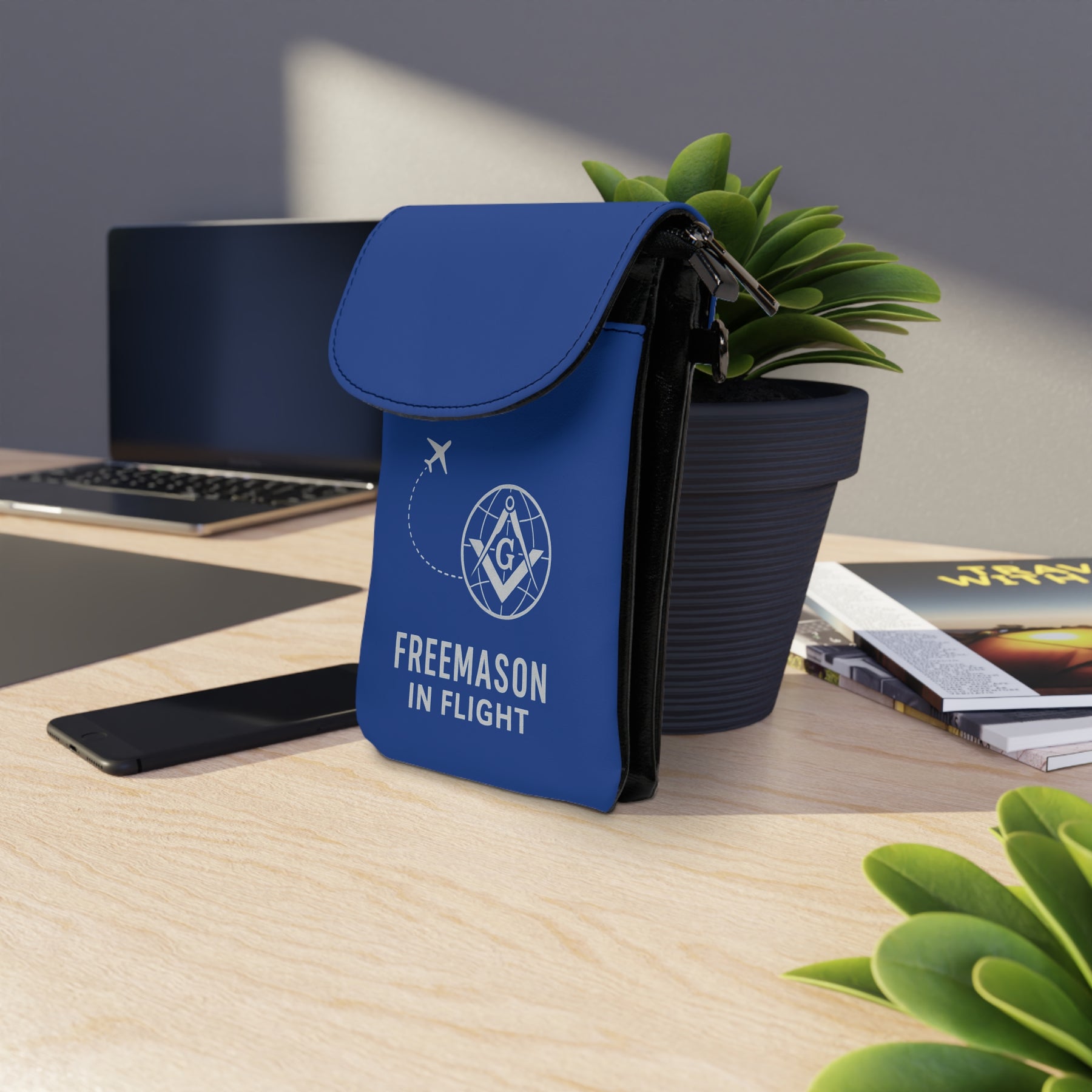 Master Mason Blue Lodge Cell Phone Wallet - Freemason In Flight Blue Microfiber Leather - Bricks Masons