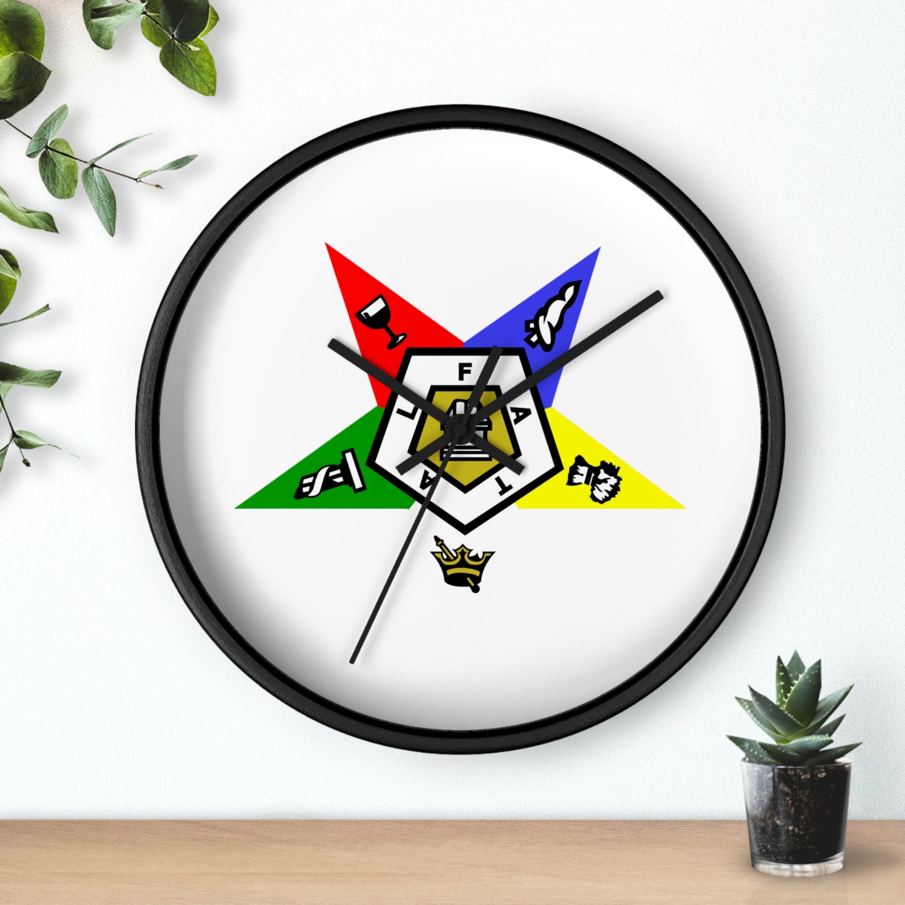 OES Clock - White Dial with Star Emblem in Wooden Frame - Bricks Masons