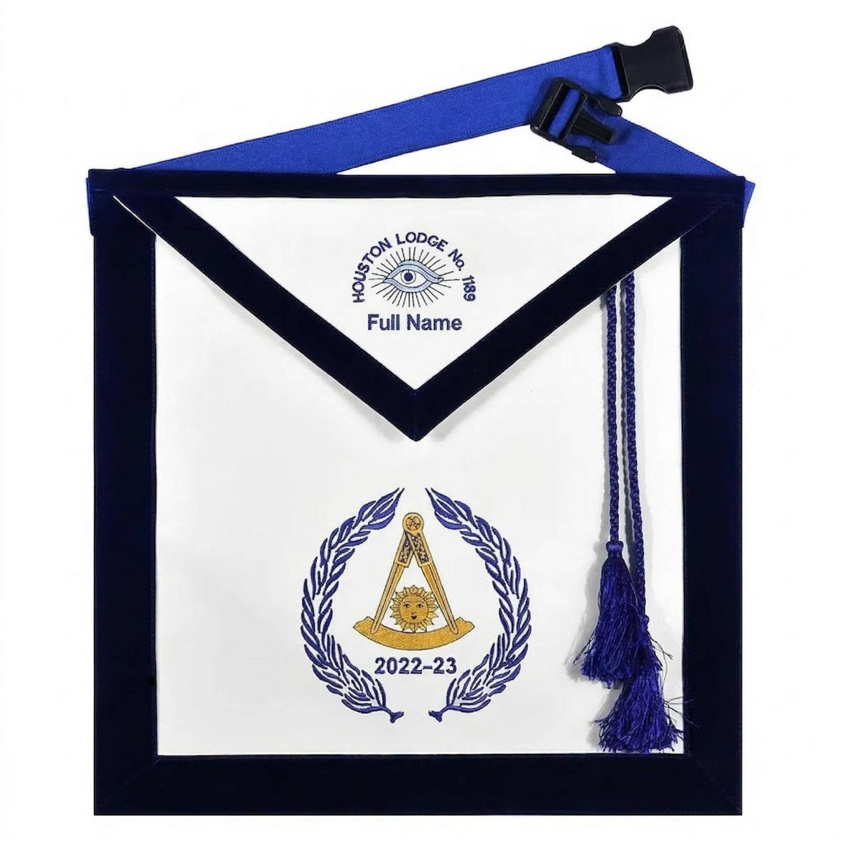 Grand Past Master Blue Lodge Apron - Blue Velvet With Hand Threaded Silk - Bricks Masons