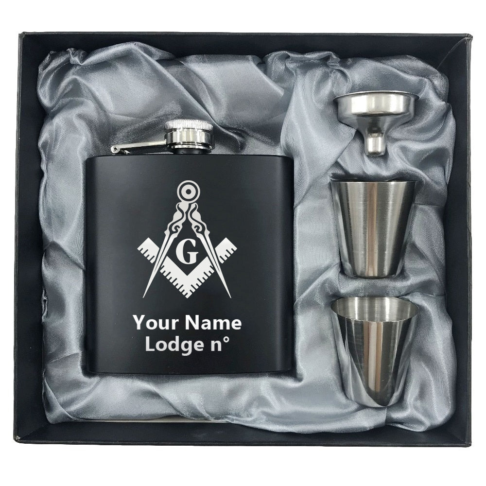 Master Mason Blue Lodge Flask - 2 Shot Glasses & Funnel - Bricks Masons