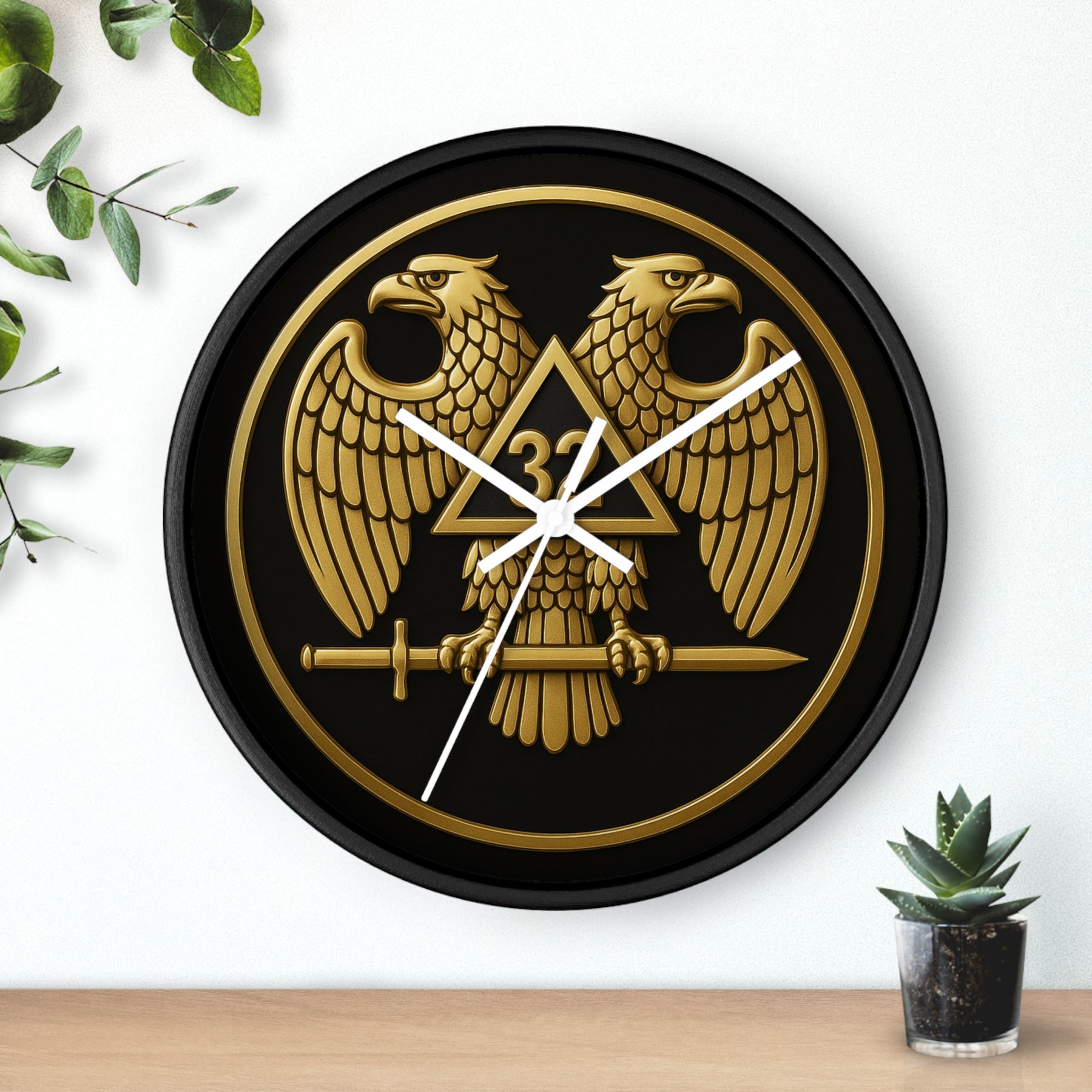 32nd Degree Scottish Rite Clock - Double Headed Eagle Emblem on Wood Frame - Bricks Masons