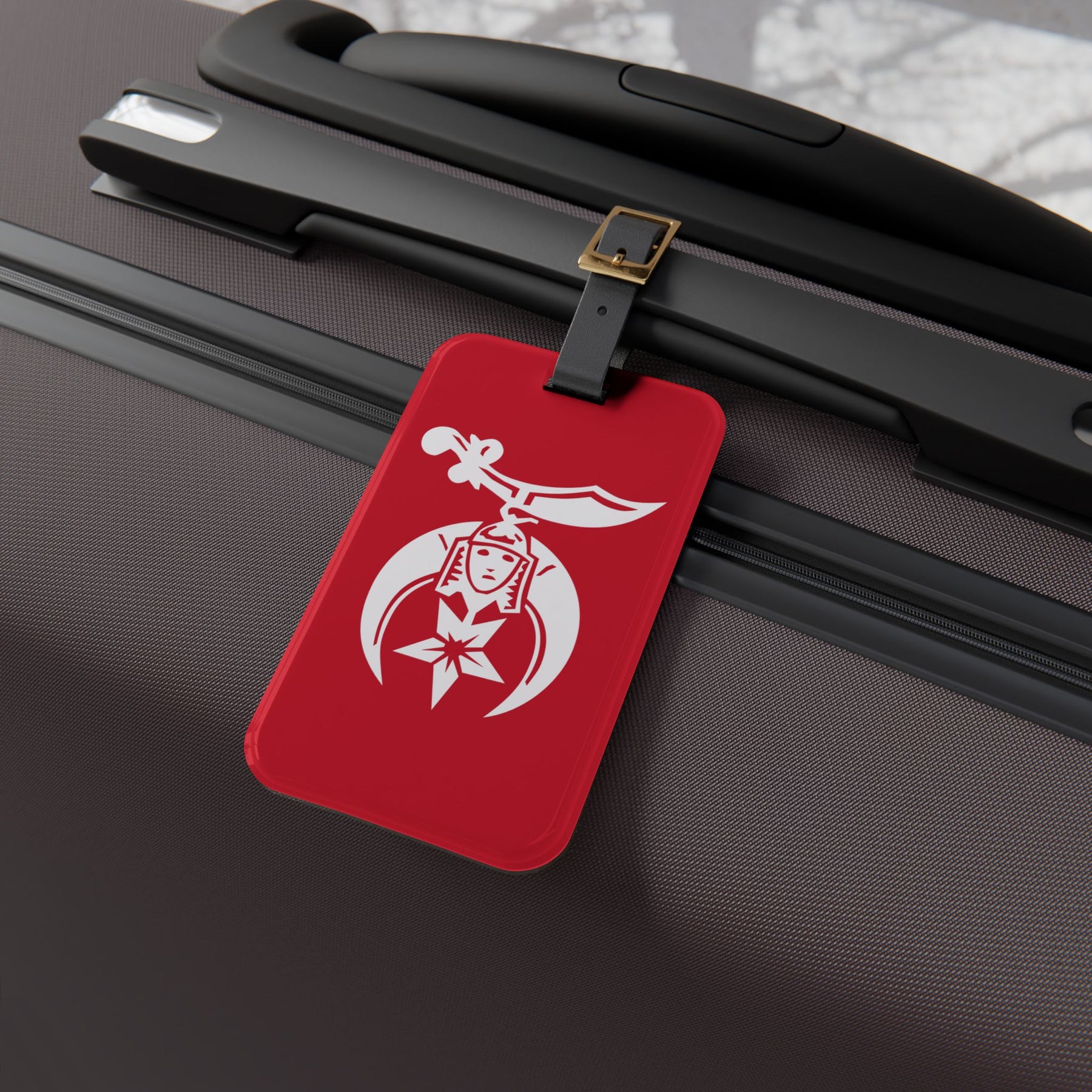 Shriners Luggage Tag - Red With Black Leather Strap - Bricks Masons