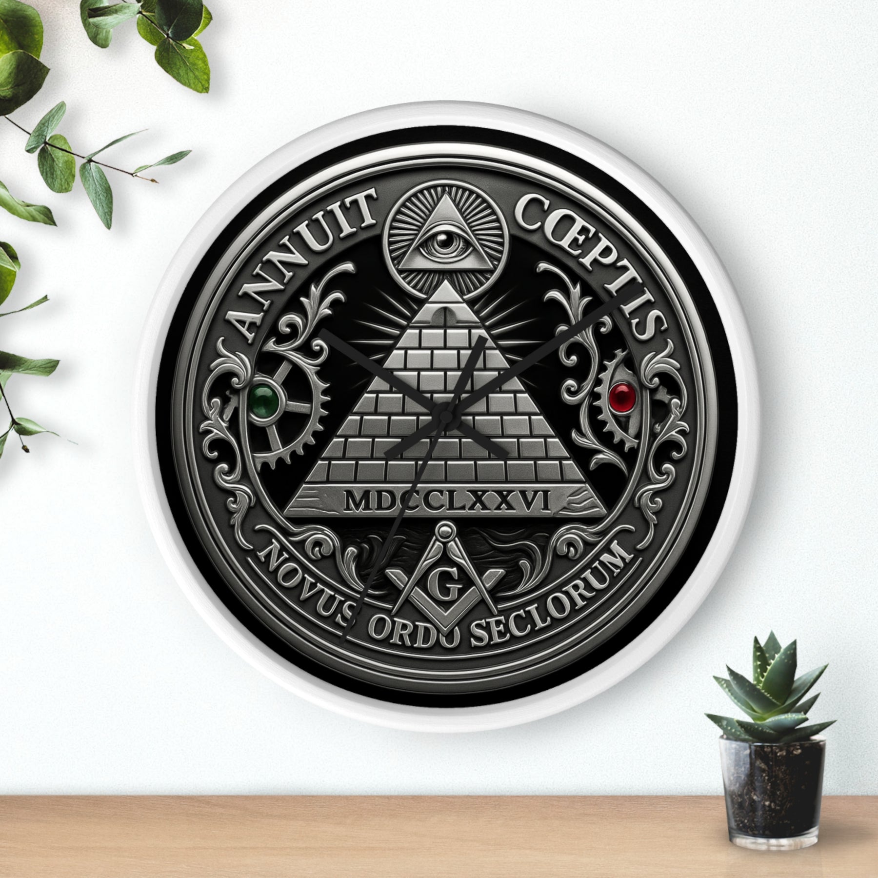 Master Mason Blue Lodge Clock - S&C with Pyramid & All Seeing Eye Latin Motto - Bricks Masons