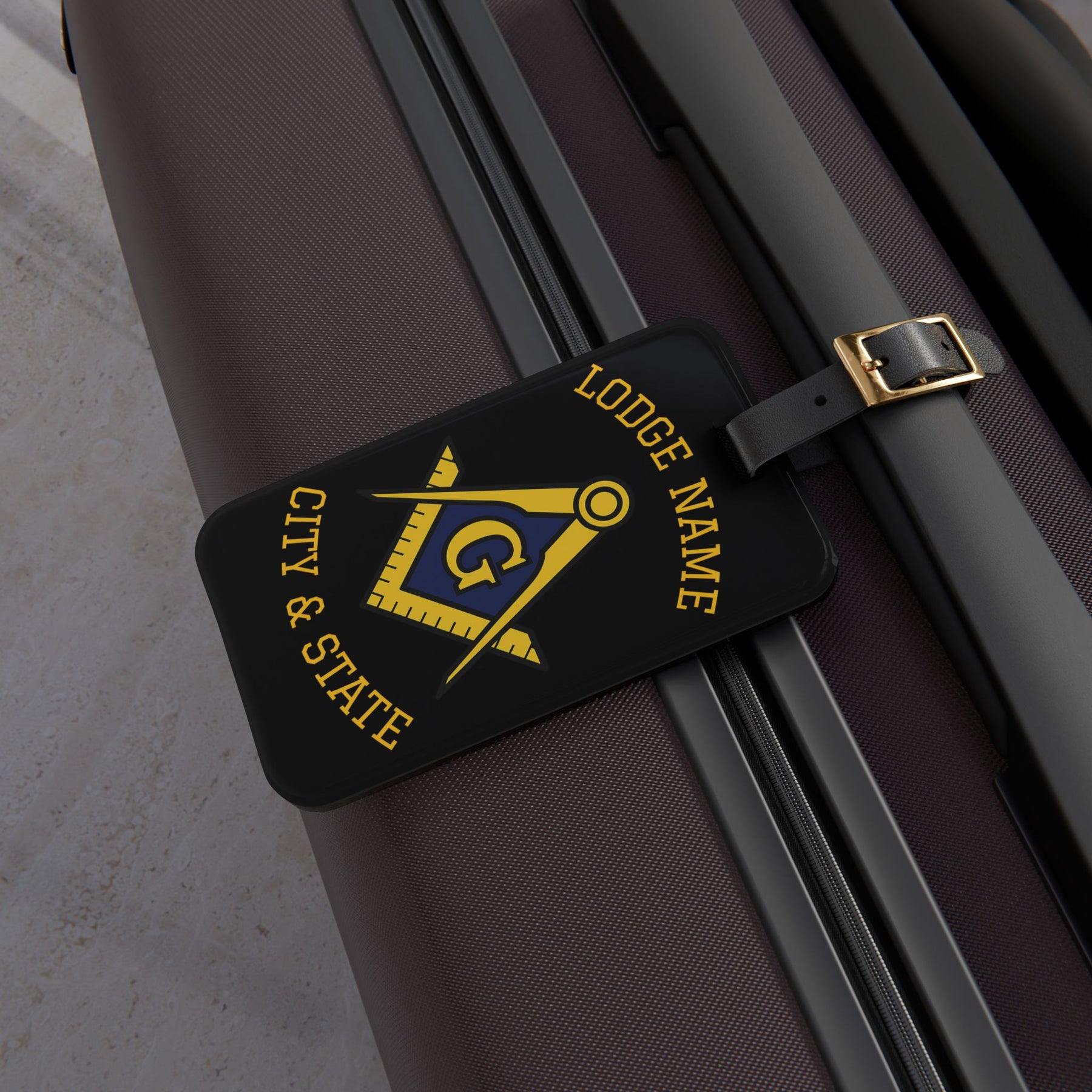 Master Mason Blue Lodge Luggage Tag - Personalizable Black S&C G With Black Leather Strap - Bricks Masons