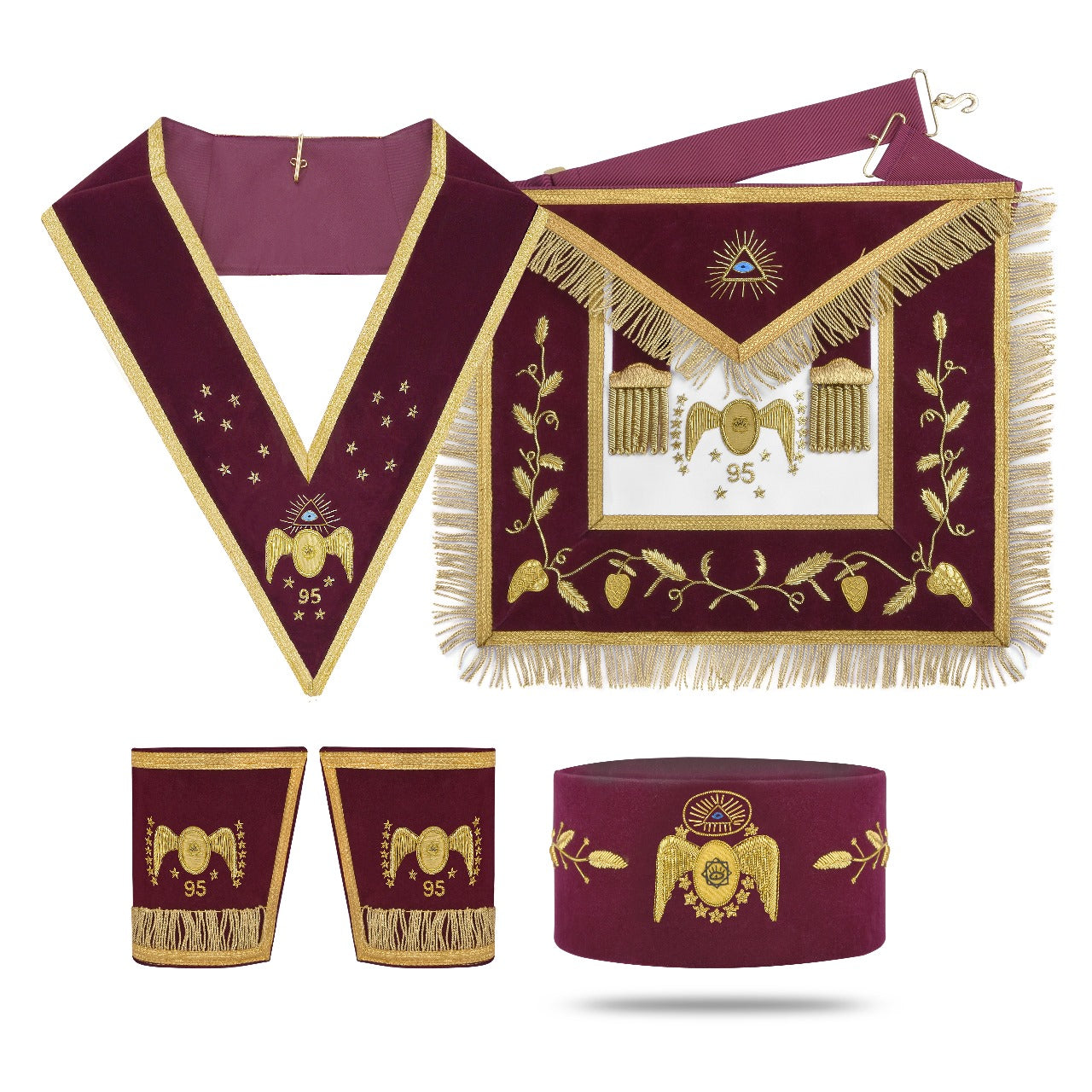 95th Degree Memphis Misraim Regalia Set - Burgundy & Gold Hand Embroidery - Bricks Masons