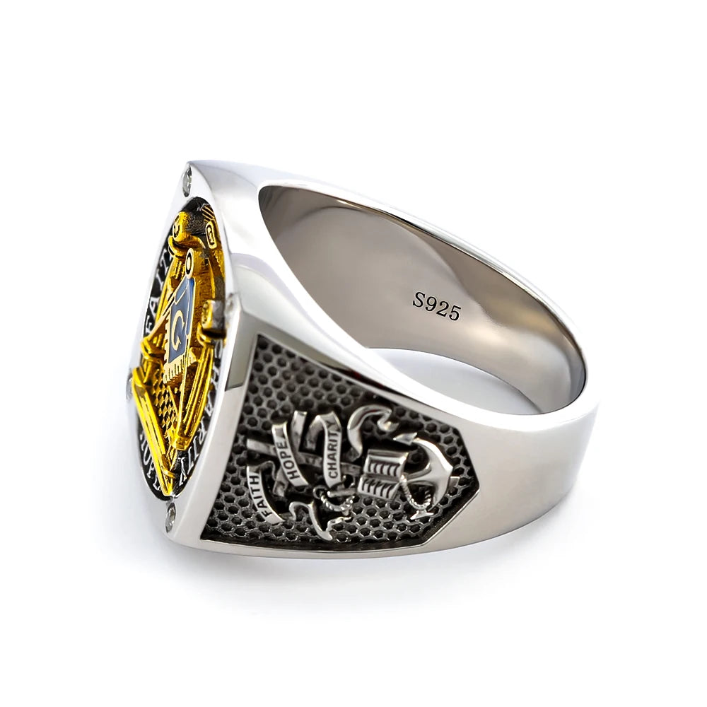 Master Mason Blue Lodge Ring - Sterling Silver Faith Hope and Charity with S&C G - Bricks Masons