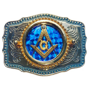 Master Mason Blue Lodge Belt Buckle  -  Blue Raised Square & Compass - Bricks Masons