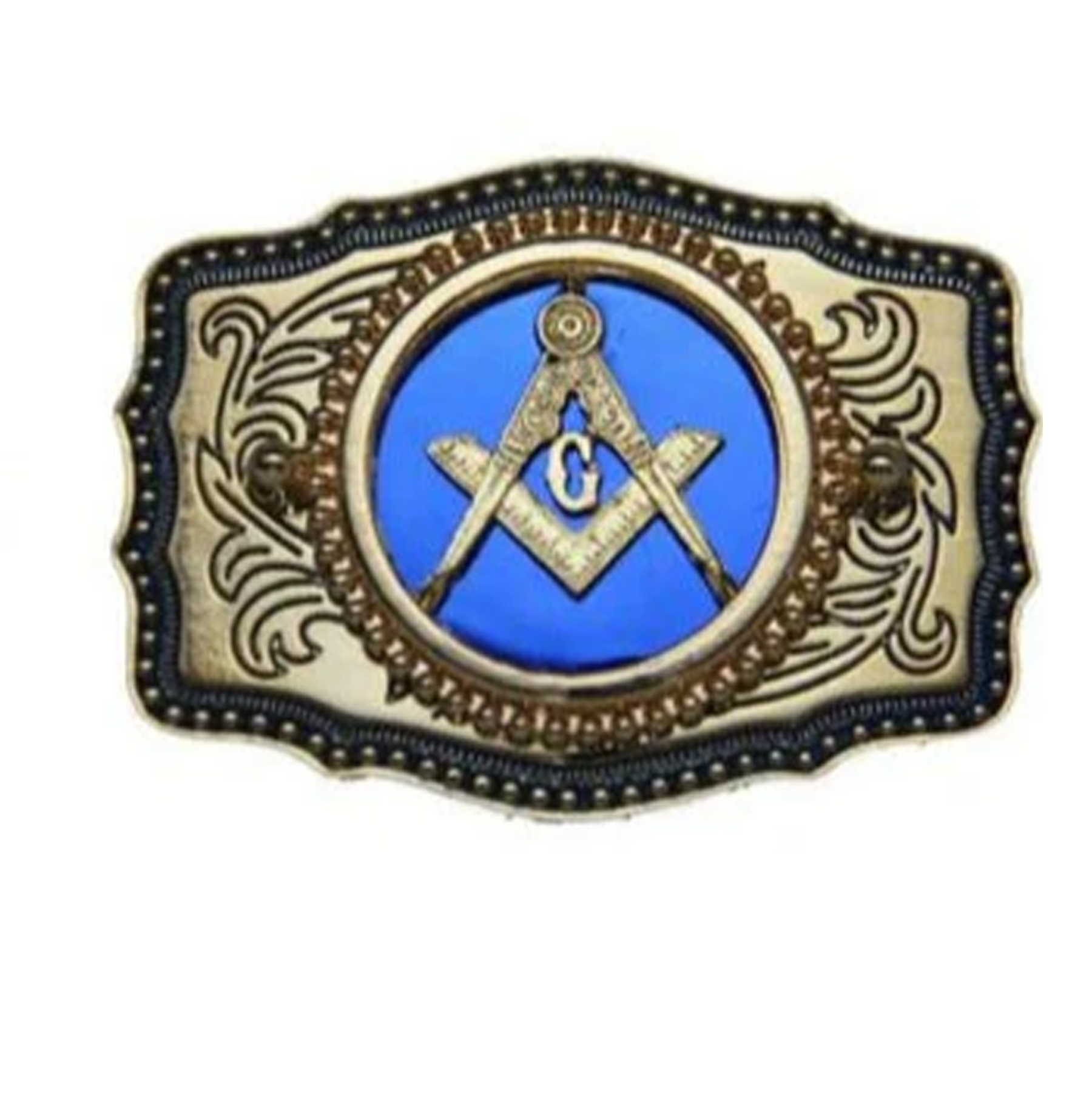 Master Mason Blue Lodge Belt Buckle -  Blue Raised Square & Compass - Bricks Masons