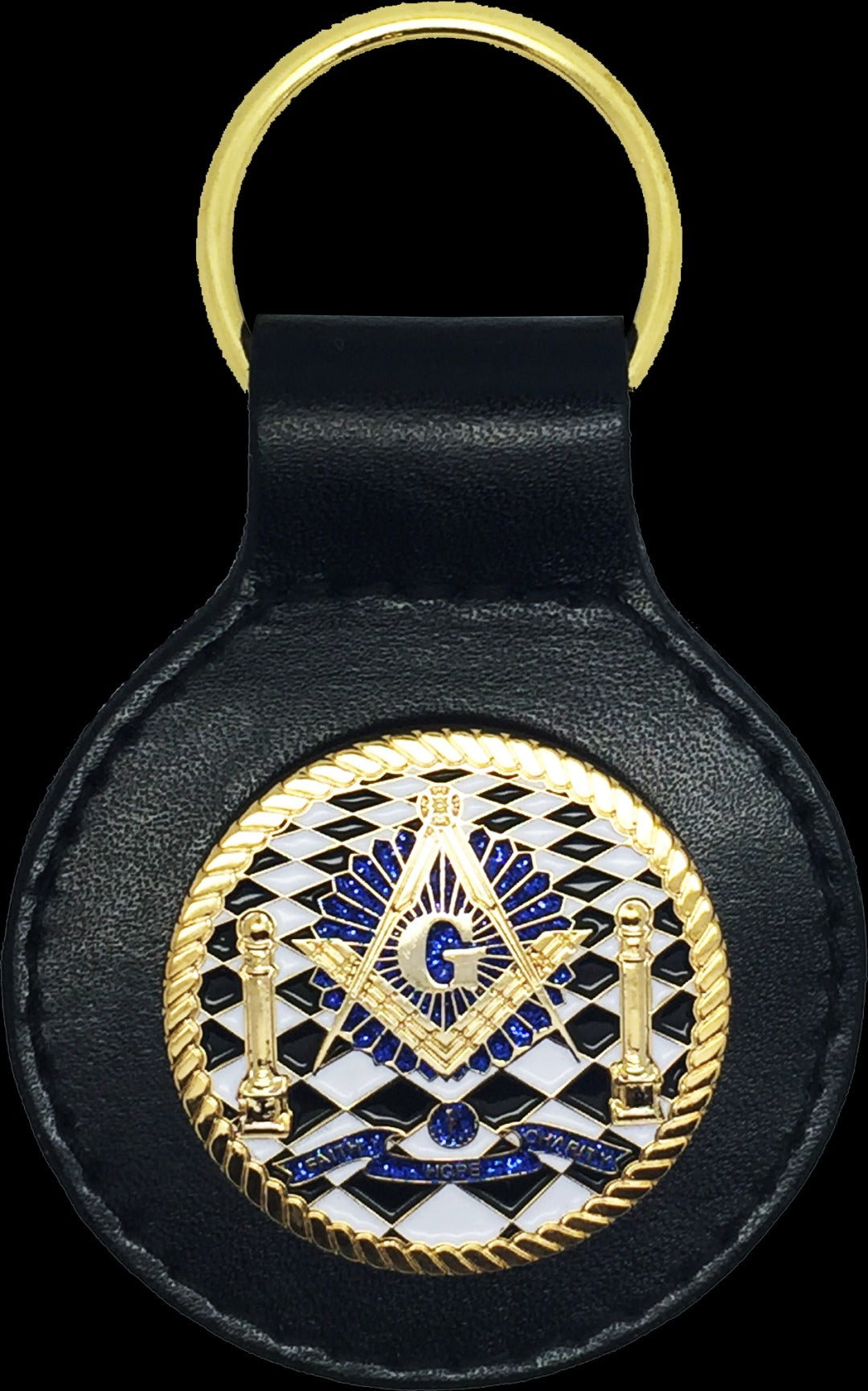 Master Mason Blue Lodge Keychain - Black Leather Chekered Floor With Pillars - Bricks Masons