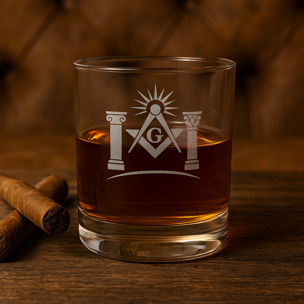 Whiskyglas der Master Mason Blue Lodge – Winkelmaß &amp; Zirkel G mit zwei Säulen und Licht