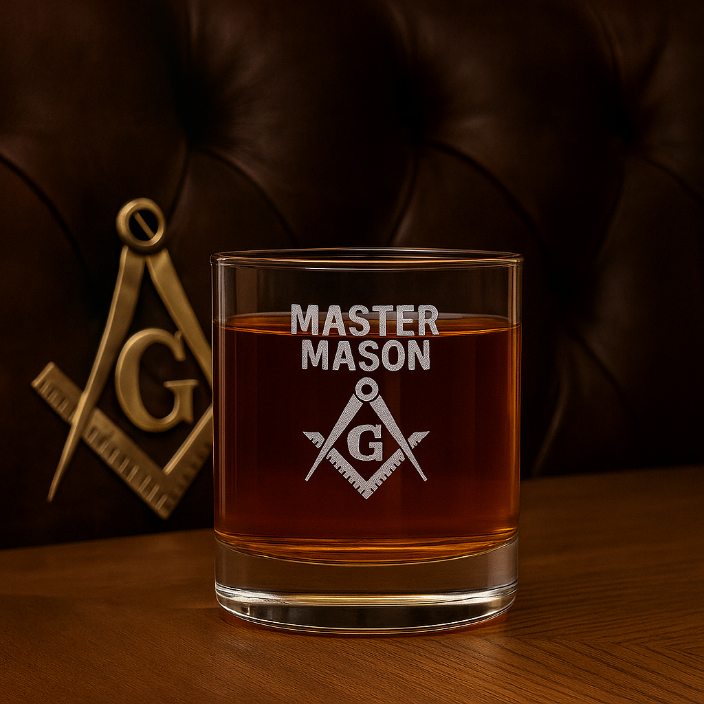 Whiskyglas der Master Mason Blue Lodge – Winkelmaß und Zirkel mit G
