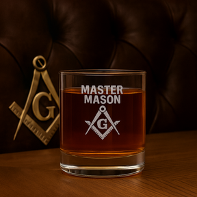 Whiskyglas der Master Mason Blue Lodge – Winkelmaß und Zirkel mit G
