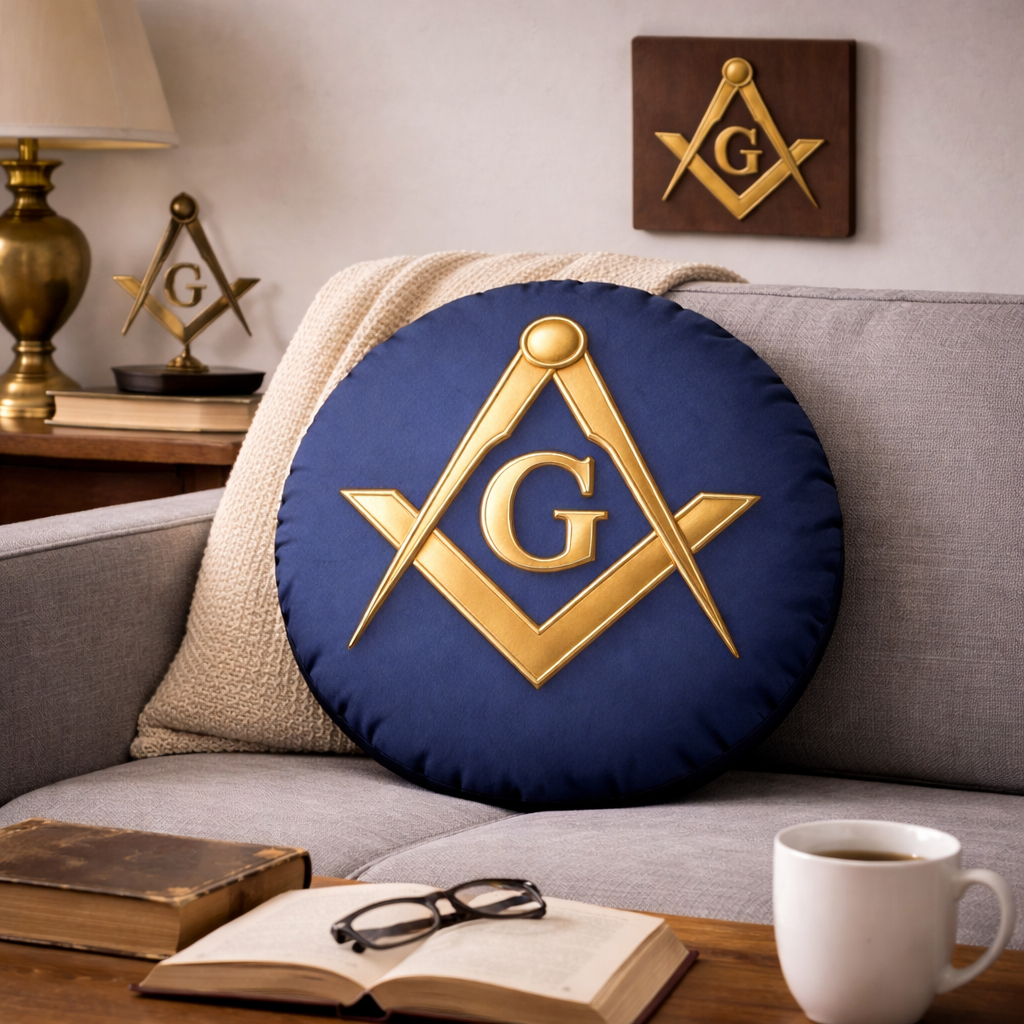 Master Mason Blue Lodge Pillow - Blue with Golden Square & Compass G - Bricks Masons