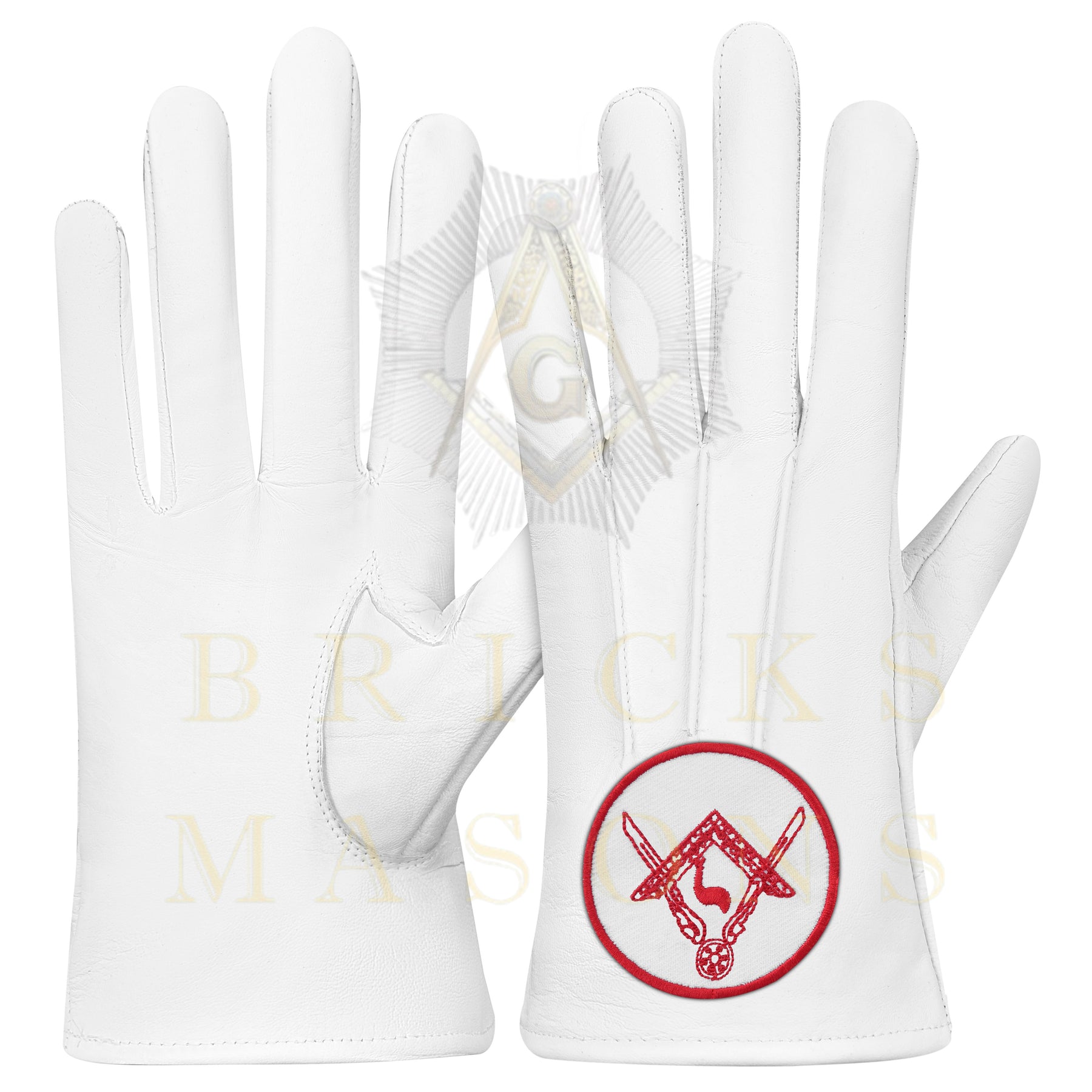 14th Degree Scottish Rite Gloves - White Leather Central Jurisdiction - Bricks Masons