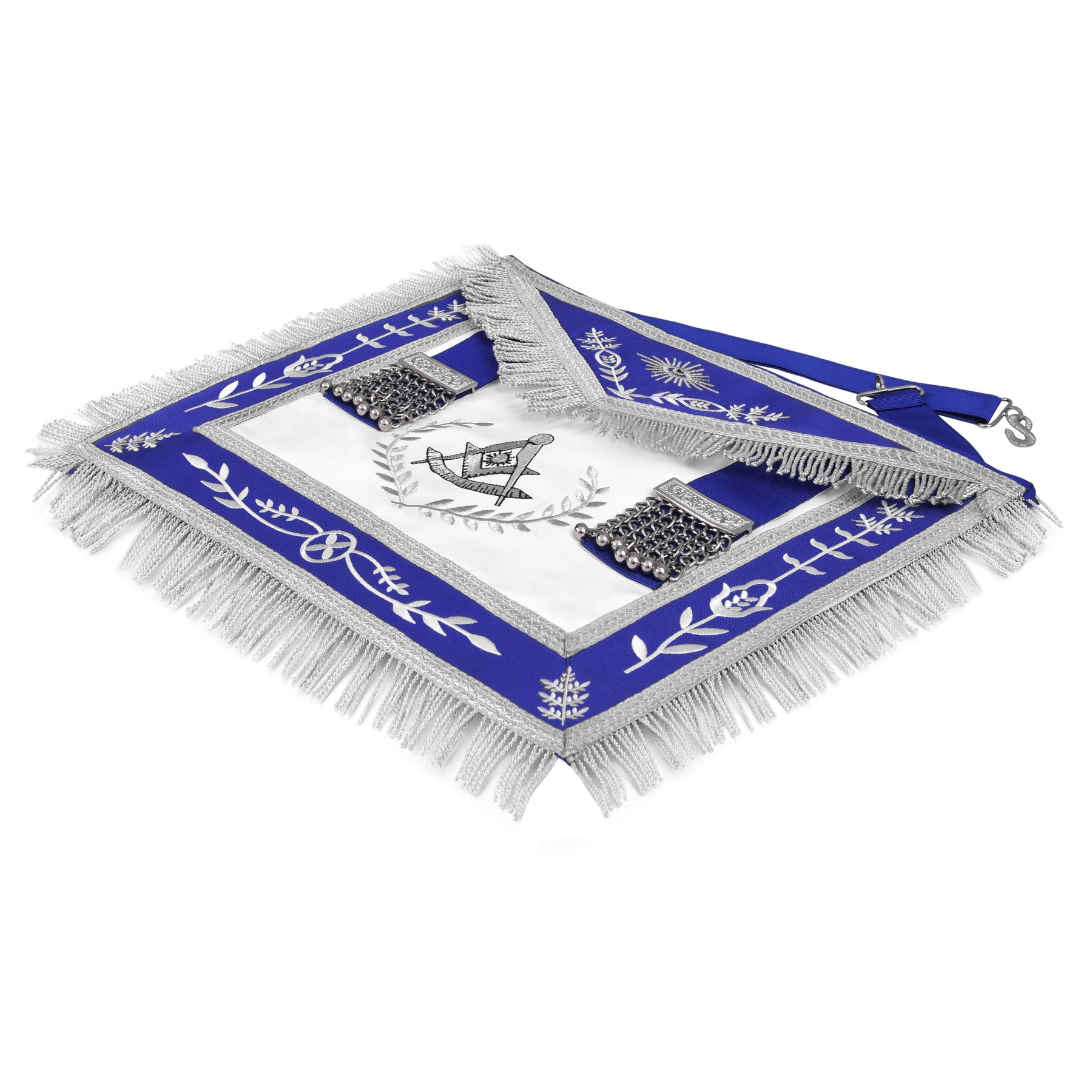 Past Master Blue Lodge California Regulation Apron - Blue Ribbon Silver Bullion With Wreath & Fringe