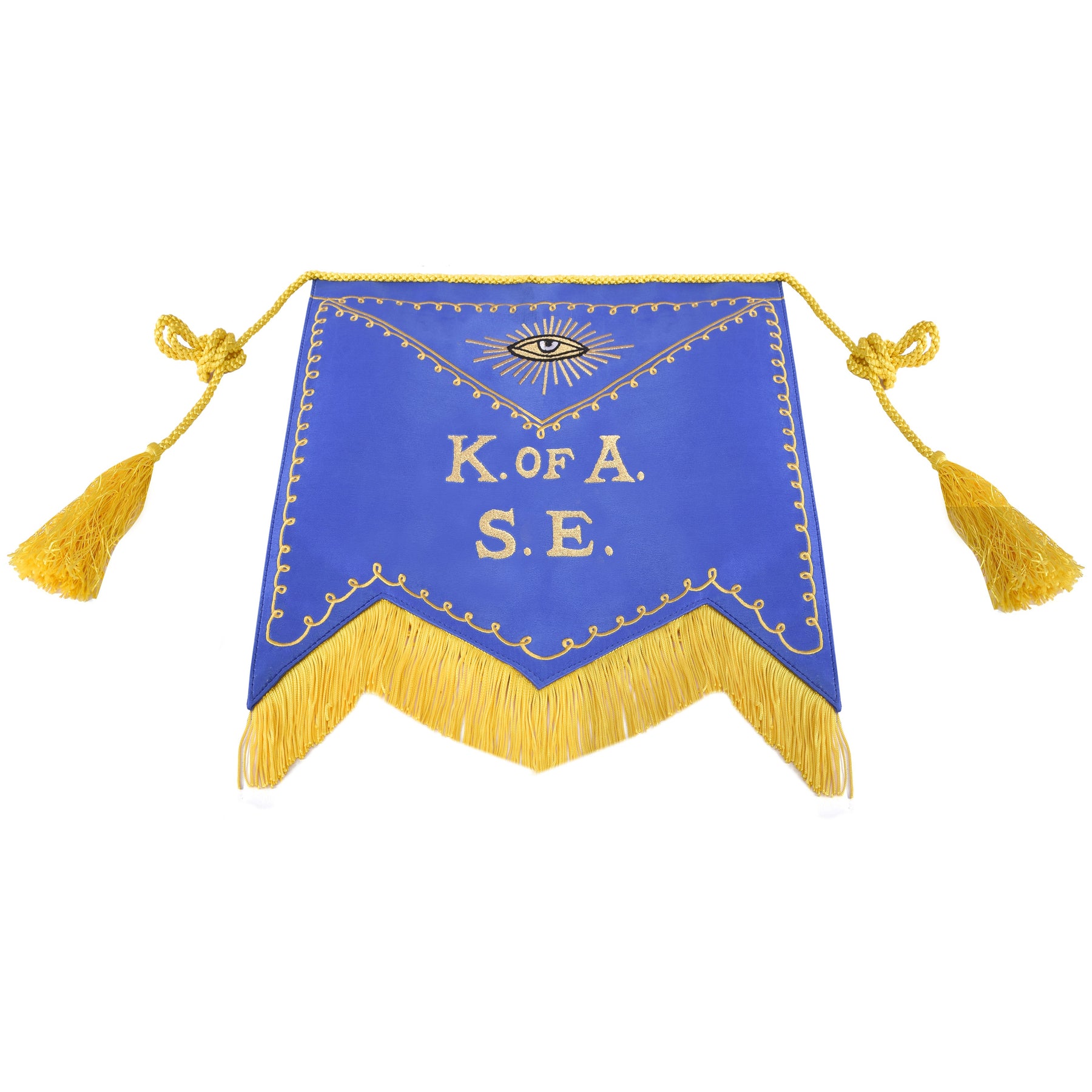 Knights of the All Seeing Eye Apron - Blue Cloth Fabric With Yellow Fringe & Tassels - Bricks Masons